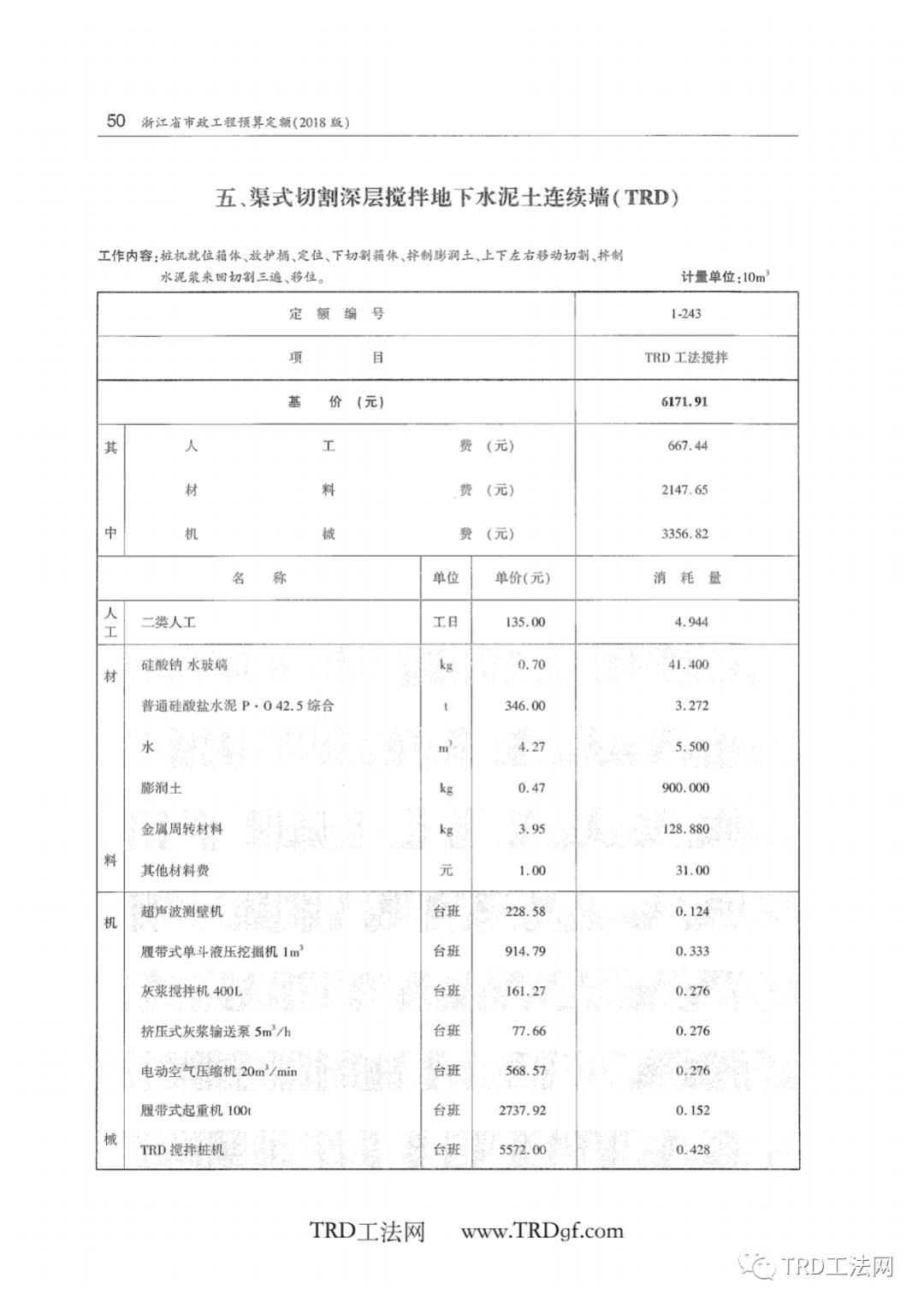 TRD工法定额-浙江省市政工程预算定额（2018版）