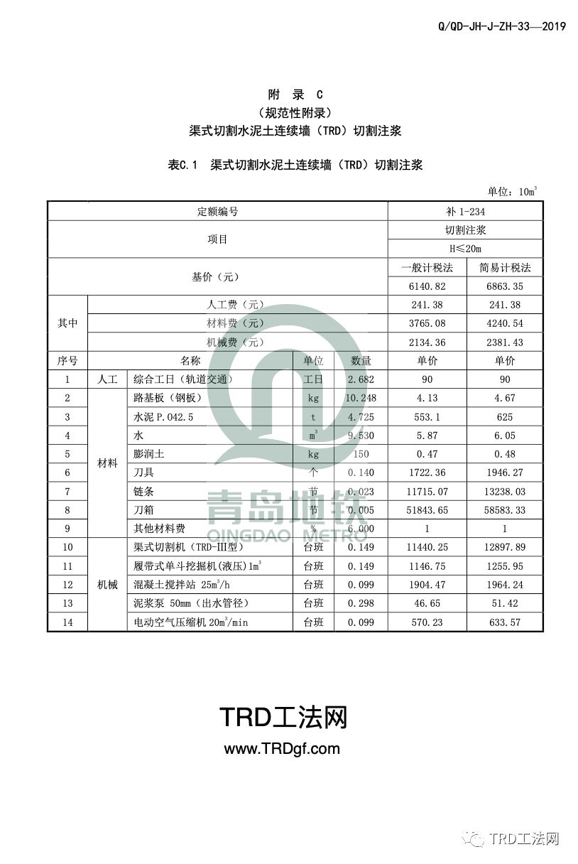 青岛地铁TRD工法补充预算定额