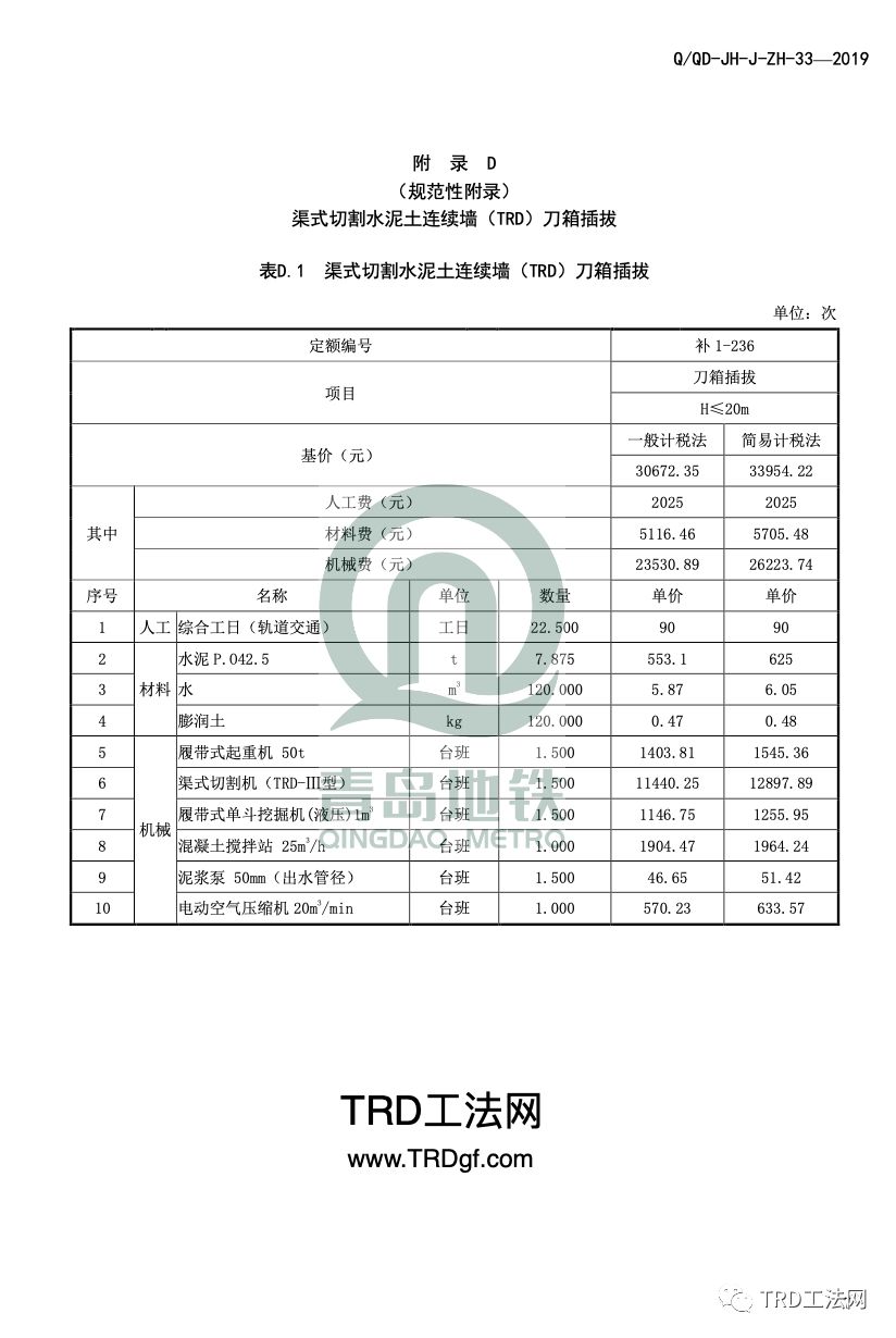 青岛地铁TRD工法补充预算定额