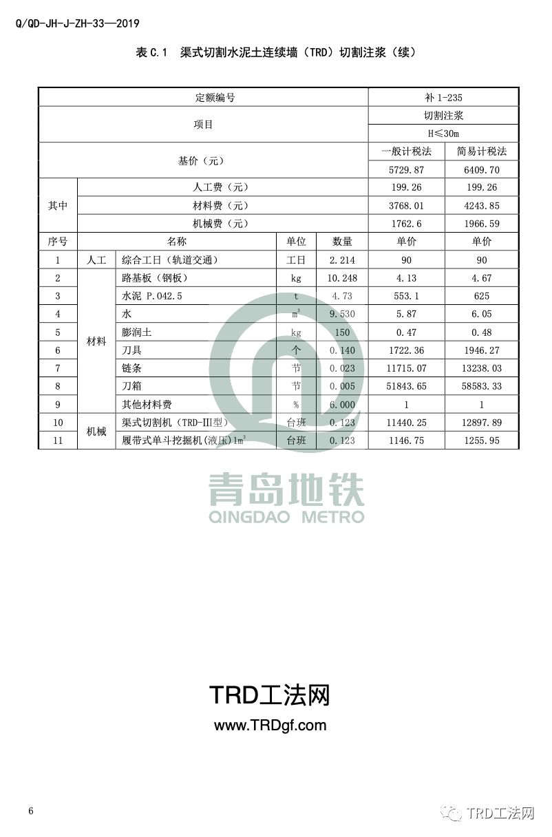 青岛地铁TRD工法补充预算定额